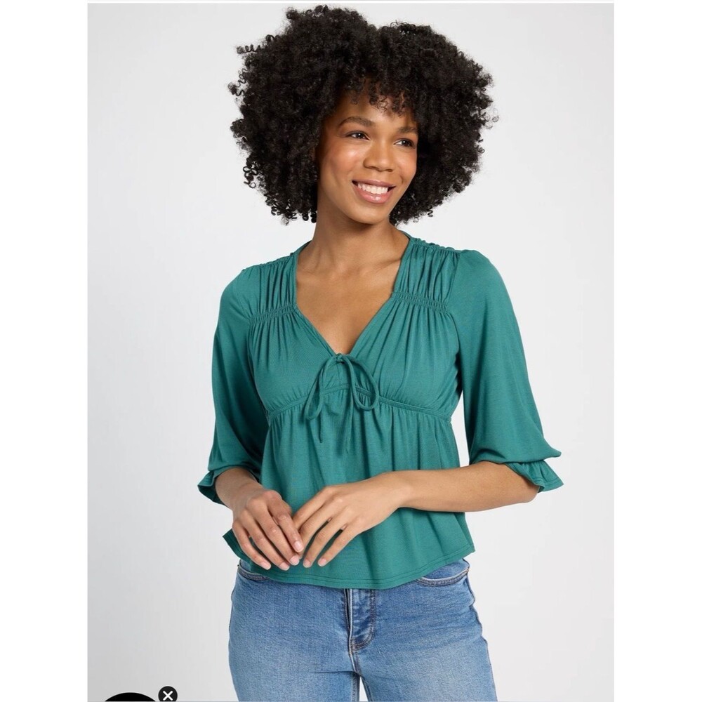 NWT 78 & Sunny Sailwind V-Neck Ruffle Top size M Deep Teal Shirred 3/4 Sleeve